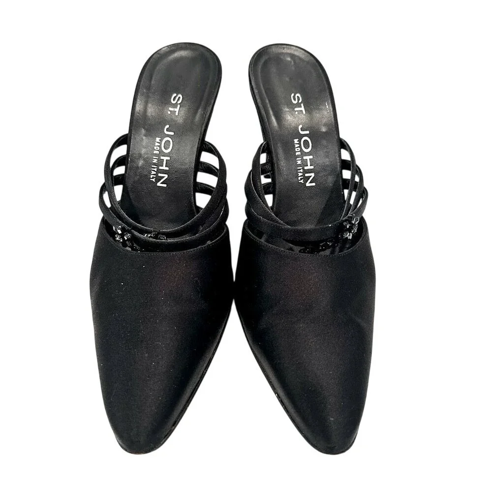 St. John Satin Pumps Floral Rhinestones Women's 7B Black Strappy Mule‎ Vintage